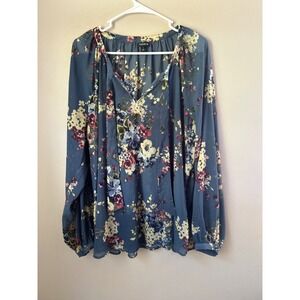 Torrid Blue Floral Print Long Sleeve Blouse Plus Size Top Women's Cottagecore